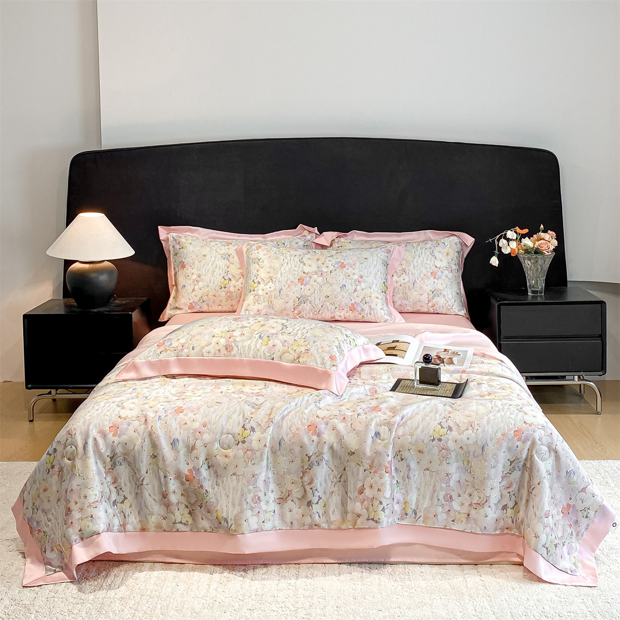 笙意家纺 2026A类水洗冰丝数码印花宽边夏被四件套桃汐