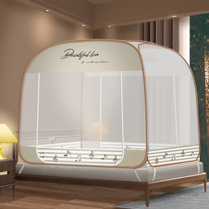 豪梦园蚊帐工厂店 2026新款免安装高档布艺+防咬层布边款蒙古包蚊帐 乐符棕