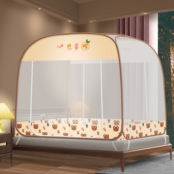 豪梦园蚊帐工厂店 2026新款免安装高档布艺+防咬层布边款蒙古包蚊帐 心相事橙