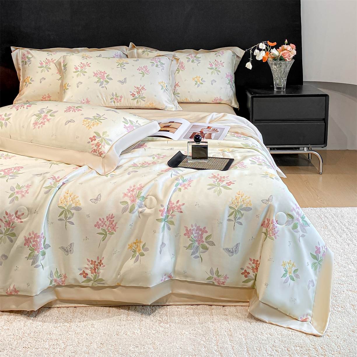 91家纺网 家纺一手货源 找家纺 笙意家纺 2026A类水洗冰丝数码印花宽边夏被四件套颜序