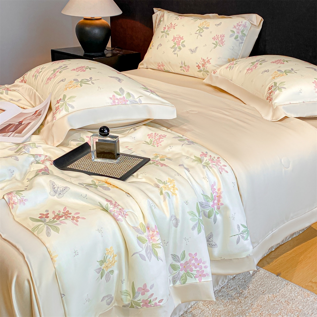 91家纺网 家纺一手货源 找家纺 笙意家纺 2026A类水洗冰丝数码印花宽边夏被四件套颜序