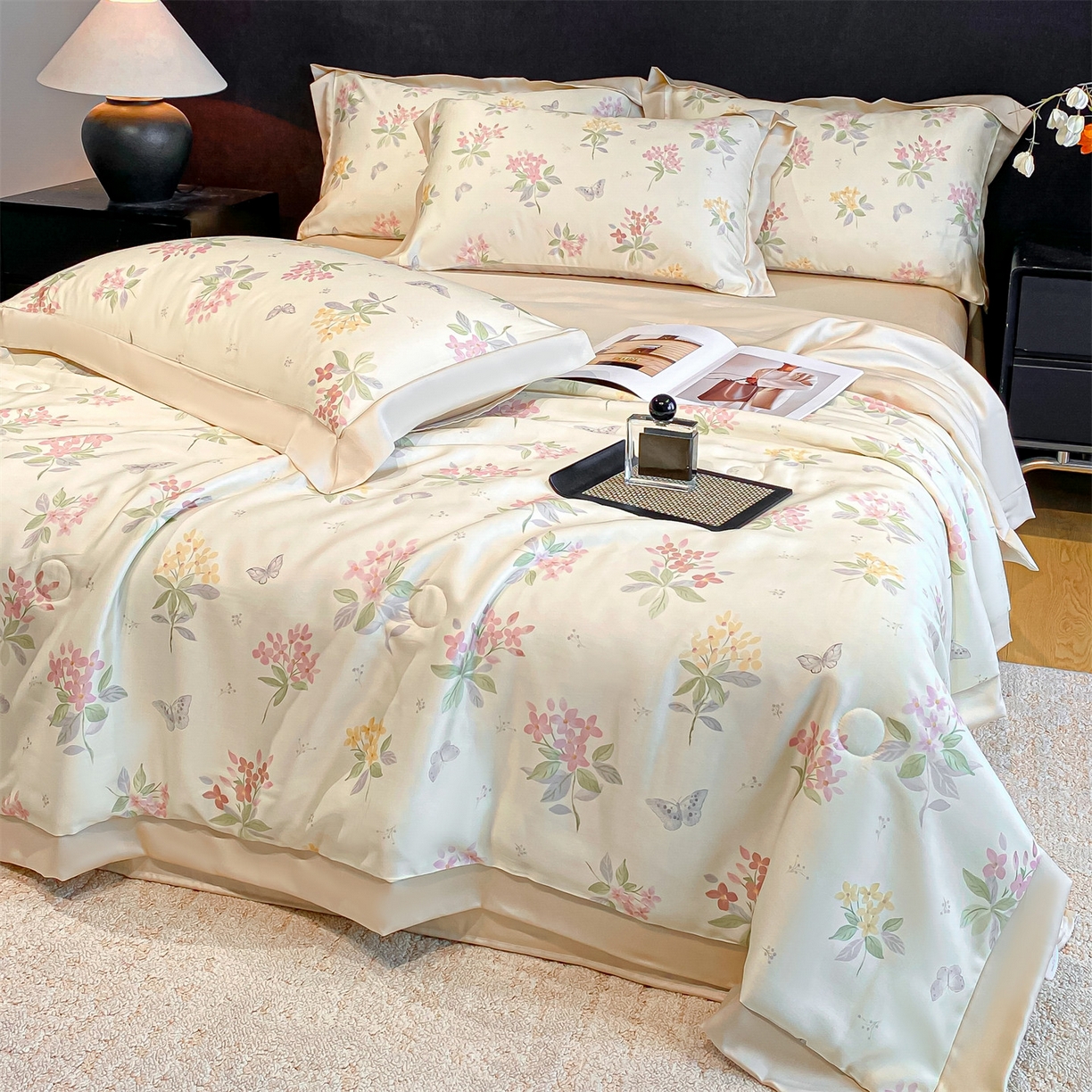 91家纺网 家纺一手货源 找家纺 笙意家纺 2026A类水洗冰丝数码印花宽边夏被四件套颜序