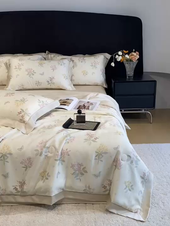 91家纺网 家纺一手货源 找家纺 笙意家纺 2026A类水洗冰丝数码印花宽边夏被四件套颜序