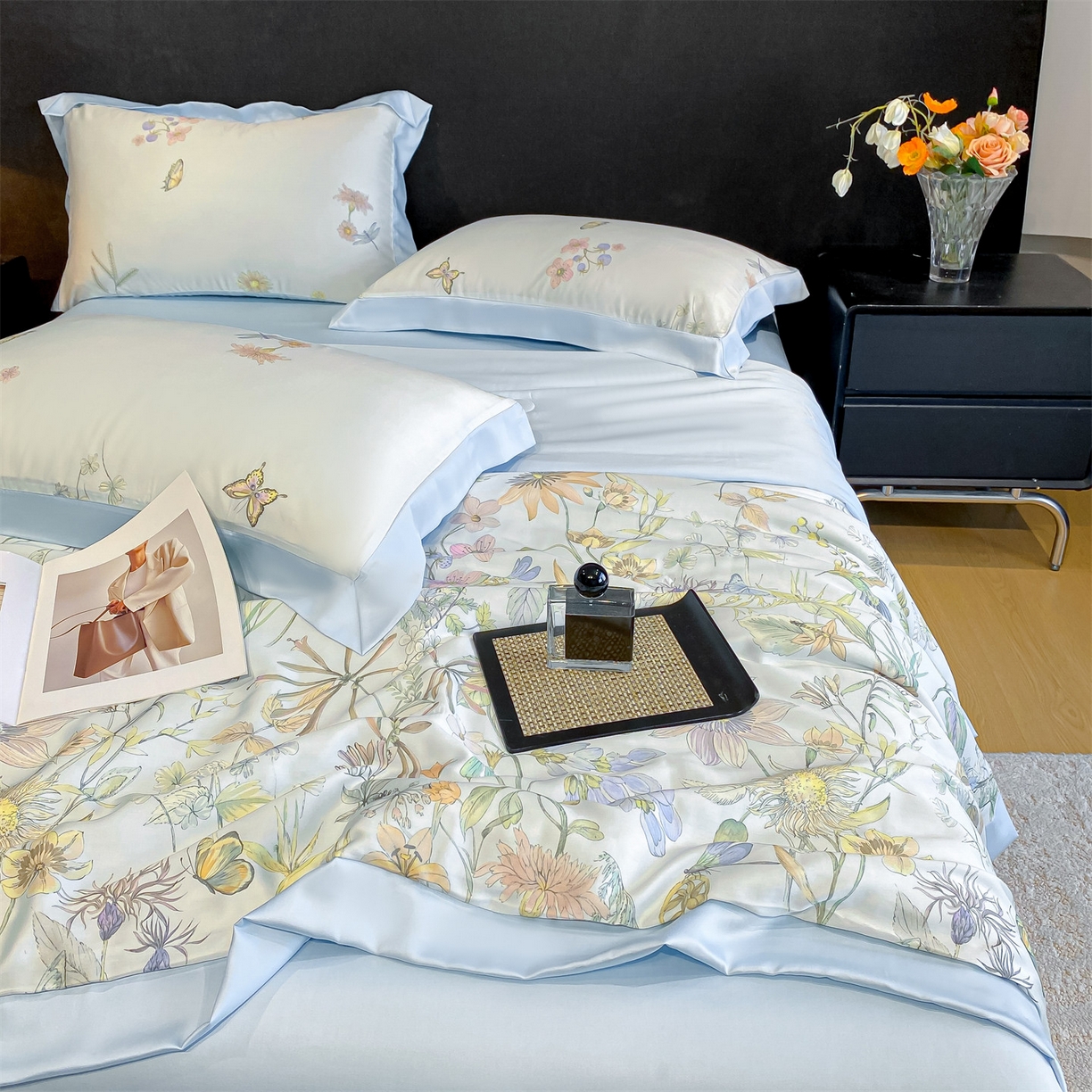 91家纺网 家纺一手货源 找家纺 笙意家纺 2026A类水洗冰丝数码印花宽边夏被四件套忆梦