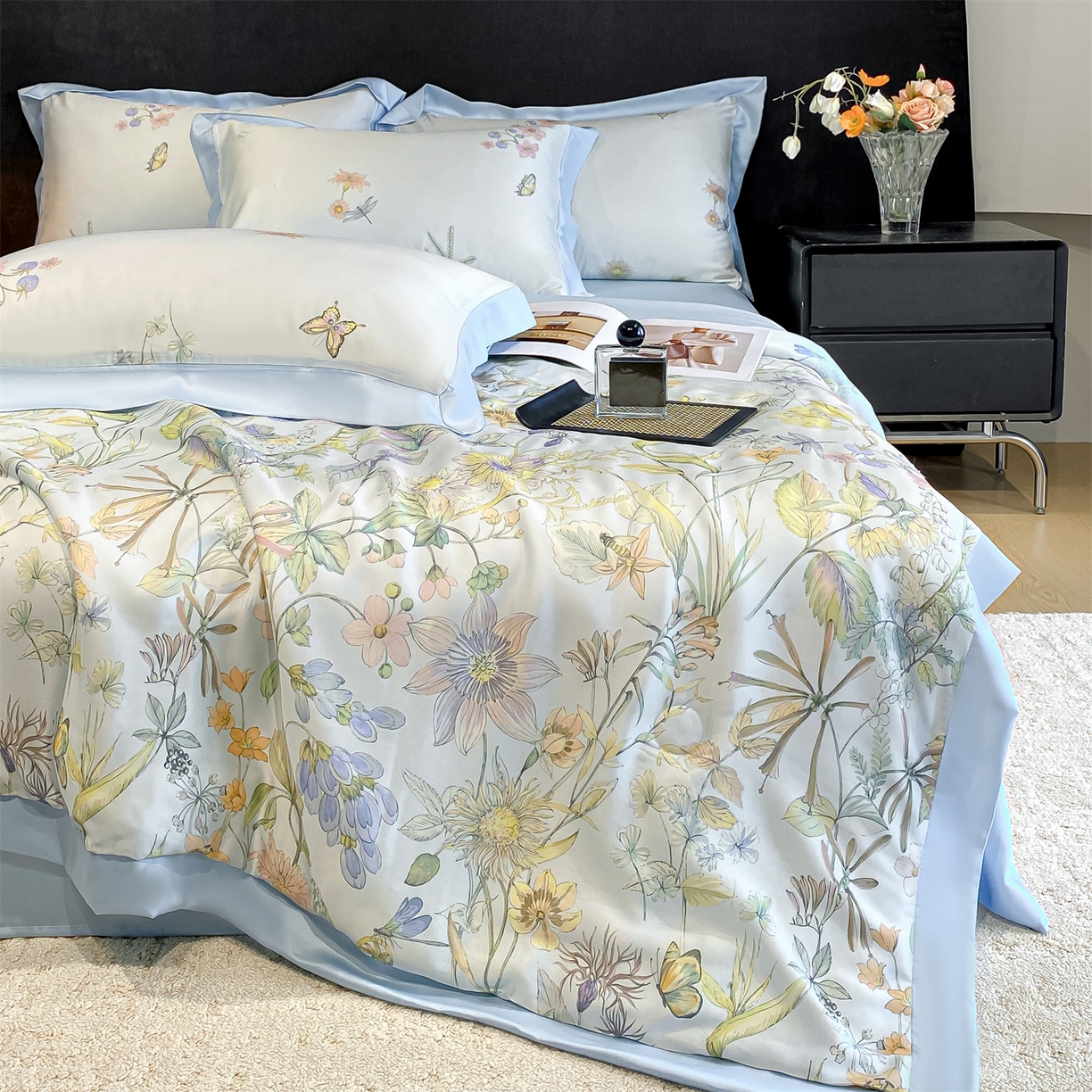 91家纺网 家纺一手货源 找家纺 笙意家纺 2026A类水洗冰丝数码印花宽边夏被四件套忆梦