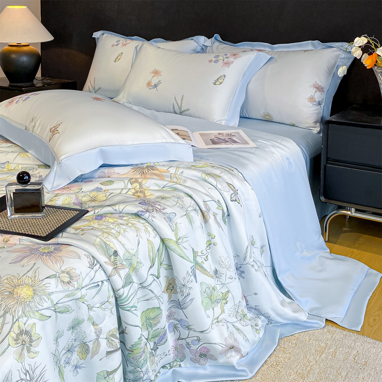 91家纺网 家纺一手货源 找家纺 笙意家纺 2026A类水洗冰丝数码印花宽边夏被四件套忆梦