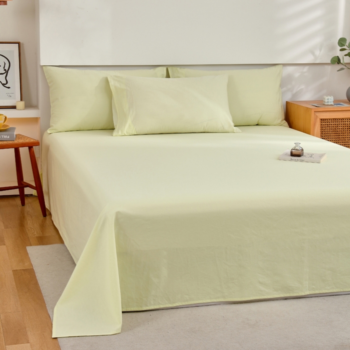 91家纺网 家纺一手货源 找家纺 春皖家纺 2026新款色织AB版水洗棉三件套四件套单品系列（单床单-B版风格一） 素雅淡黄