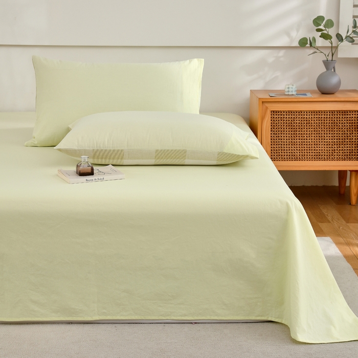 91家纺网 家纺一手货源 找家纺 春皖家纺 2026新款色织AB版水洗棉三件套四件套单品系列（单床单-B版风格一） 素雅淡黄