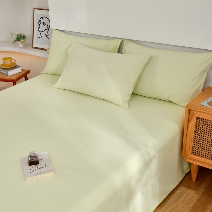 91家纺网 家纺一手货源 找家纺 春皖家纺 2026新款色织AB版水洗棉三件套四件套单品系列（单床单-B版风格一） 素雅淡黄