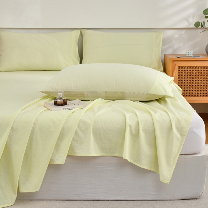 91家纺网 家纺一手货源 找家纺 春皖家纺 2026新款色织AB版水洗棉三件套四件套单品系列（单床单-B版风格一） 素雅淡黄