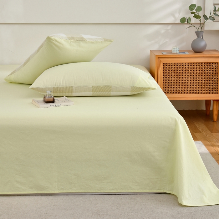 91家纺网 家纺一手货源 找家纺 春皖家纺 2026新款色织AB版水洗棉三件套四件套单品系列（单床单-B版风格一） 素雅淡黄