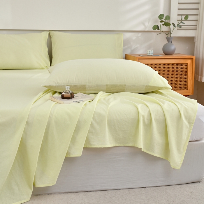 91家纺网 家纺一手货源 找家纺 春皖家纺 2026新款色织AB版水洗棉三件套四件套单品系列（单床单-B版风格一） 素雅淡黄