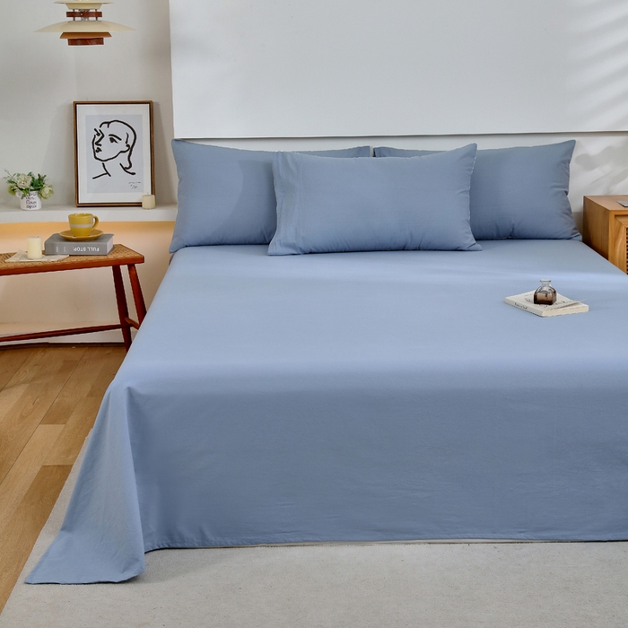 91家纺网 家纺一手货源 找家纺 春皖家纺 2026新款色织AB版水洗棉三件套四件套单品系列（单床单-B版风格一） 素雅幻蓝