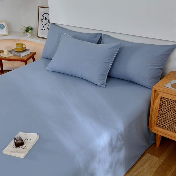 91家纺网 家纺一手货源 找家纺 春皖家纺 2026新款色织AB版水洗棉三件套四件套单品系列（单床单-B版风格一） 素雅幻蓝