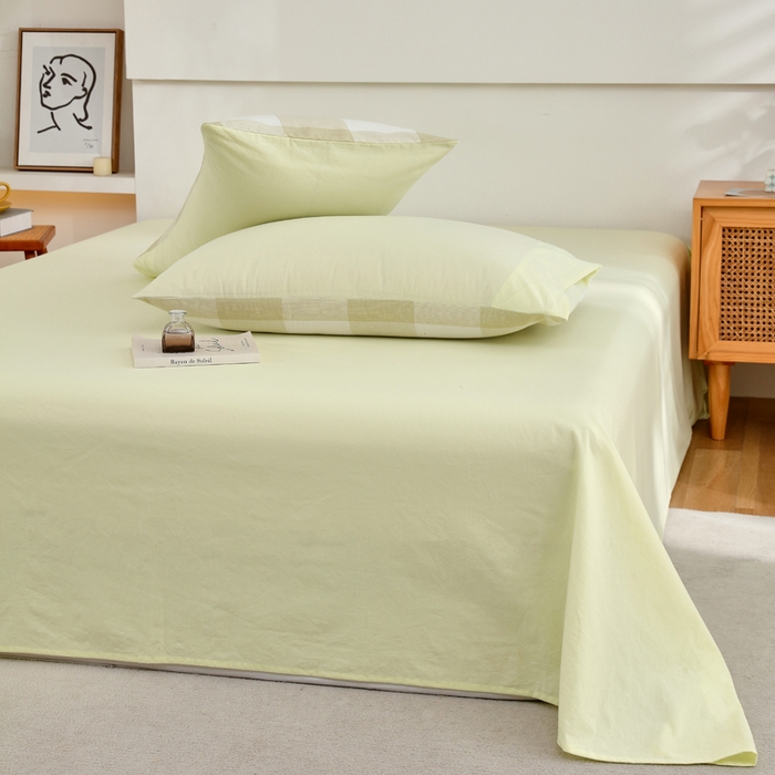 91家纺网 家纺一手货源 找家纺 春皖家纺 2026新款色织AB版水洗棉三件套四件套单品系列（单床单-B版风格一） 素雅淡黄