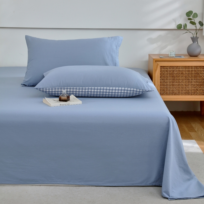 91家纺网 家纺一手货源 找家纺 春皖家纺 2026新款色织AB版水洗棉三件套四件套单品系列（单床单-B版风格一） 素雅幻蓝