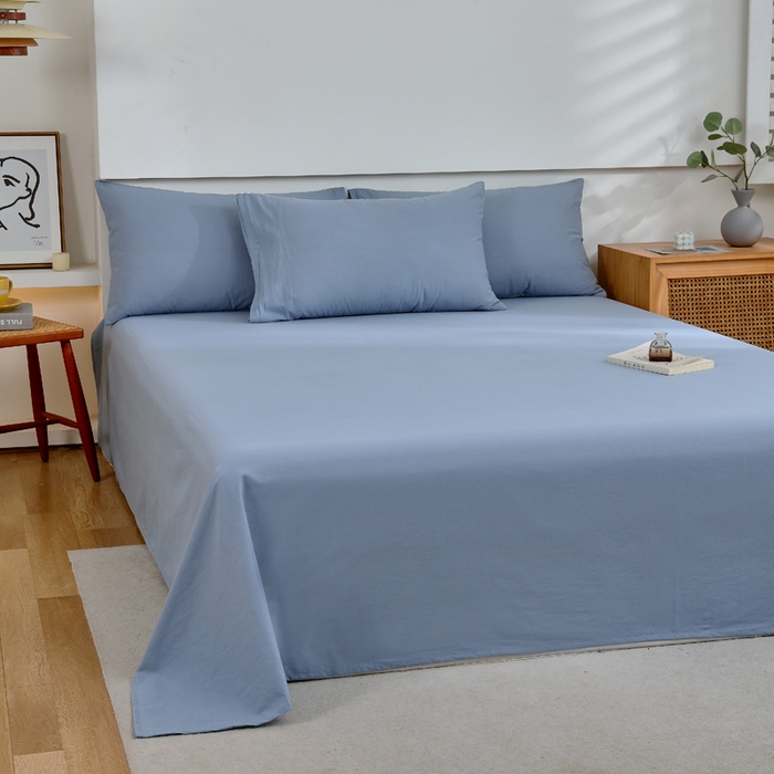 91家纺网 家纺一手货源 找家纺 春皖家纺 2026新款色织AB版水洗棉三件套四件套单品系列（单床单-B版风格一） 素雅幻蓝