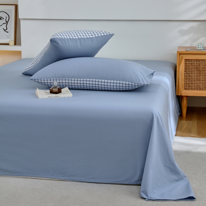 91家纺网 家纺一手货源 找家纺 春皖家纺 2026新款色织AB版水洗棉三件套四件套单品系列（单床单-B版风格一） 素雅幻蓝