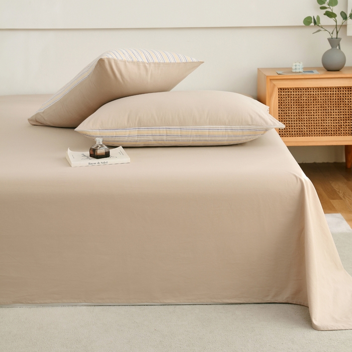 91家纺网 家纺一手货源 找家纺 春皖家纺 2026新款色织AB版水洗棉三件套四件套单品系列（单床单-B版风格一） 素雅卡其