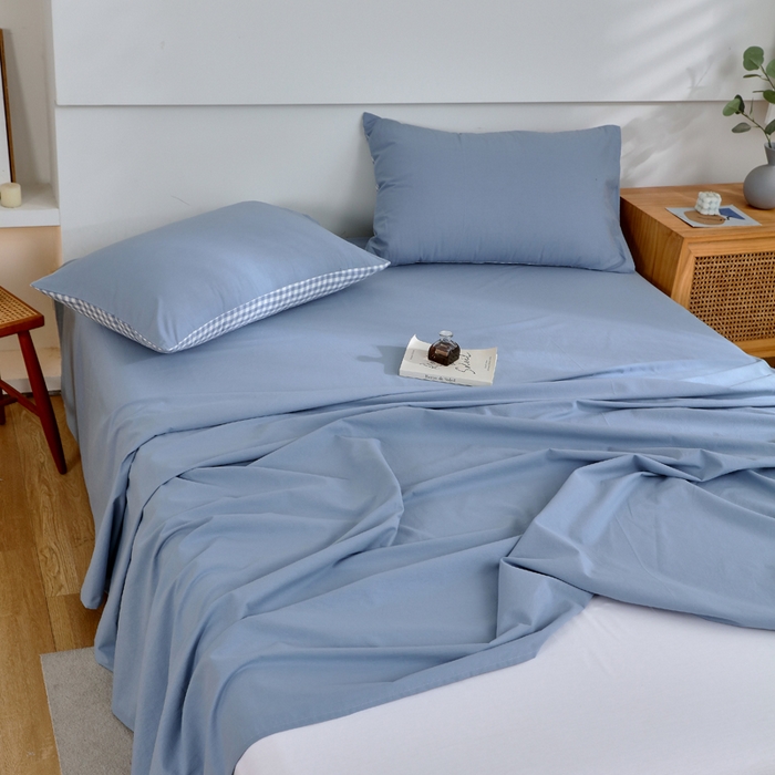 91家纺网 家纺一手货源 找家纺 春皖家纺 2026新款色织AB版水洗棉三件套四件套单品系列（单床单-B版风格一） 素雅幻蓝