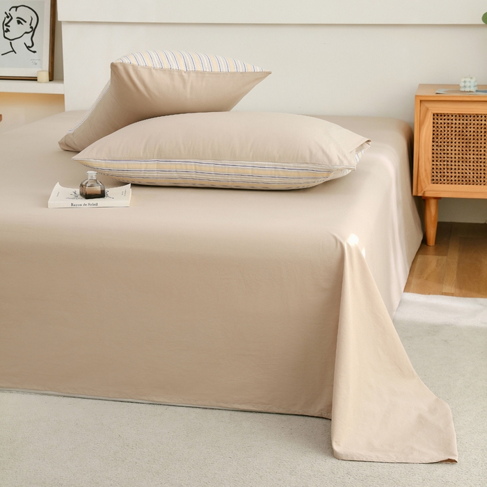 91家纺网 家纺一手货源 找家纺 春皖家纺 2026新款色织AB版水洗棉三件套四件套单品系列（单床单-B版风格一） 素雅卡其