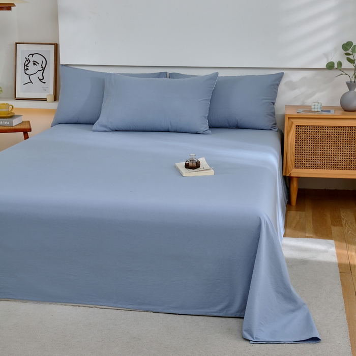 91家纺网 家纺一手货源 找家纺 春皖家纺 2026新款色织AB版水洗棉三件套四件套单品系列（单床单-B版风格一） 素雅幻蓝