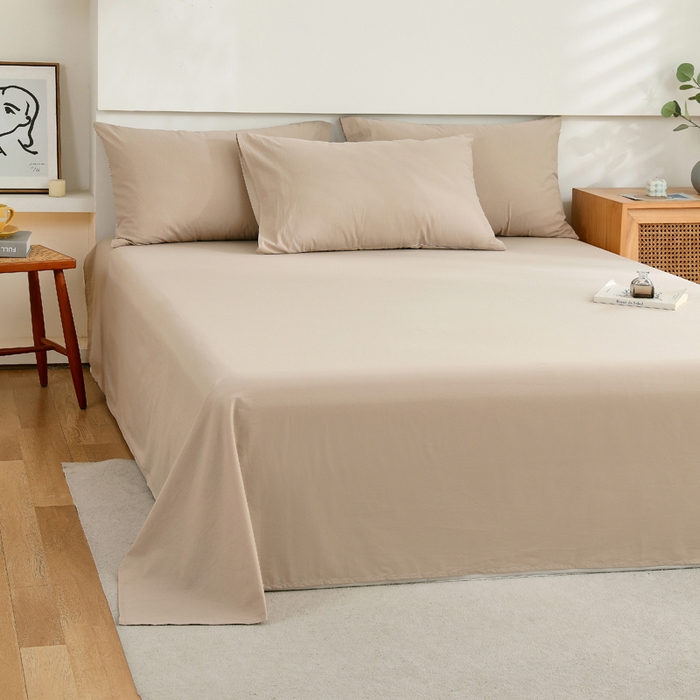 91家纺网 家纺一手货源 找家纺 春皖家纺 2026新款色织AB版水洗棉三件套四件套单品系列（单床单-B版风格一） 素雅卡其