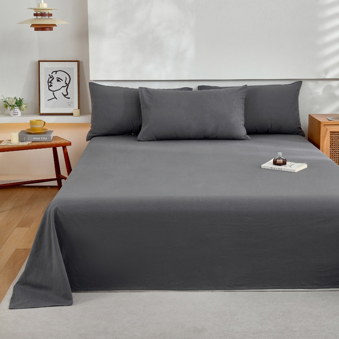 91家纺网 家纺一手货源 找家纺 春皖家纺 2026新款色织AB版水洗棉三件套四件套单品系列（单床单-B版风格一） 素雅墨灰