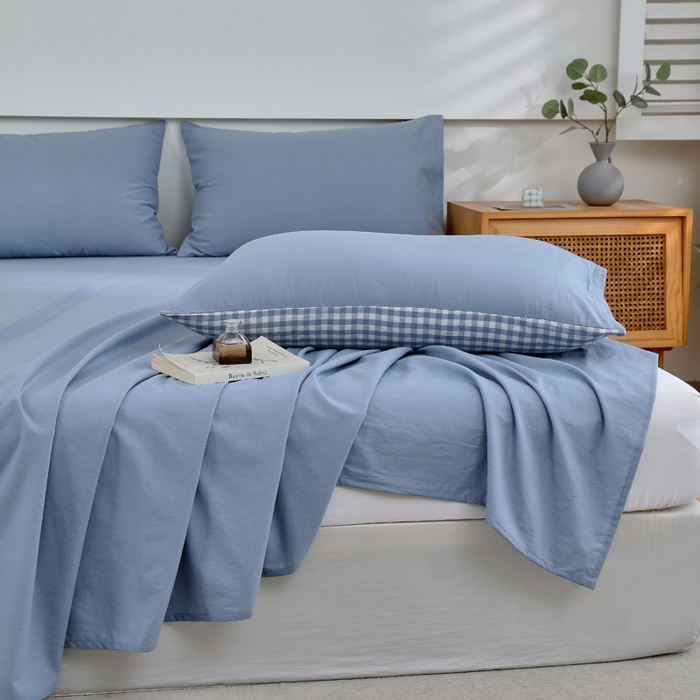 91家纺网 家纺一手货源 找家纺 春皖家纺 2026新款色织AB版水洗棉三件套四件套单品系列（单床单-B版风格一） 素雅幻蓝