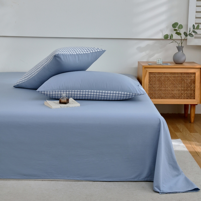 91家纺网 家纺一手货源 找家纺 春皖家纺 2026新款色织AB版水洗棉三件套四件套单品系列（单床单-B版风格一） 素雅幻蓝