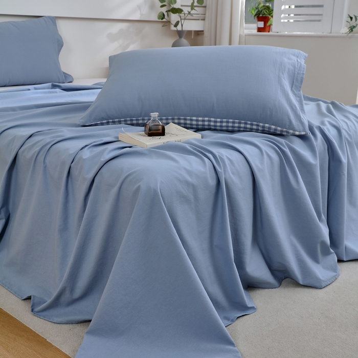 91家纺网 家纺一手货源 找家纺 春皖家纺 2026新款色织AB版水洗棉三件套四件套单品系列（单床单-B版风格一） 素雅幻蓝