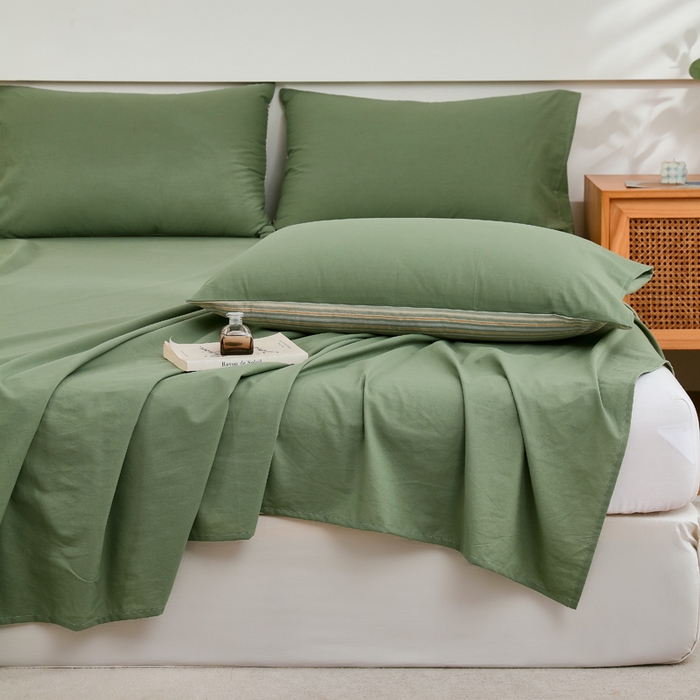 91家纺网 家纺一手货源 找家纺 春皖家纺 2026新款色织AB版水洗棉三件套四件套单品系列（单床单-B版风格一） 素雅军绿