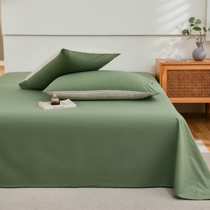 91家纺网 家纺一手货源 找家纺 春皖家纺 2026新款色织AB版水洗棉三件套四件套单品系列（单床单-B版风格一） 素雅军绿