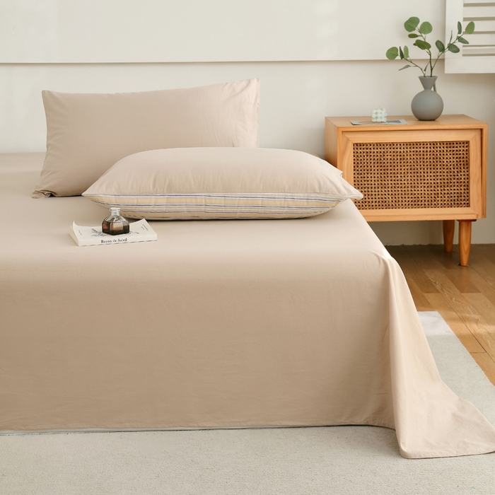 91家纺网 家纺一手货源 找家纺 春皖家纺 2026新款色织AB版水洗棉三件套四件套单品系列（单床单-B版风格一） 素雅卡其