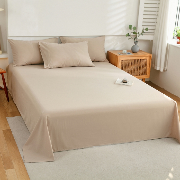 91家纺网 家纺一手货源 找家纺 春皖家纺 2026新款色织AB版水洗棉三件套四件套单品系列（单床单-B版风格一） 素雅卡其