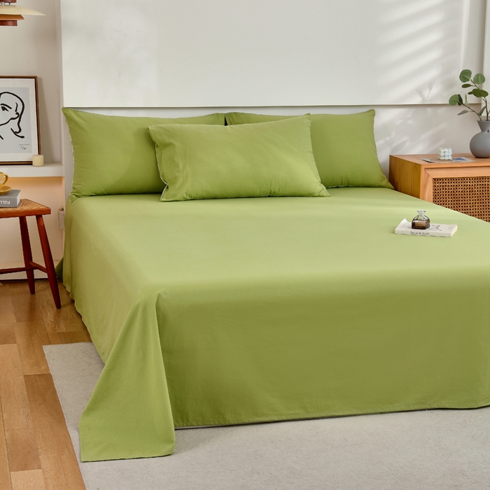 91家纺网 家纺一手货源 找家纺 春皖家纺 2026新款色织AB版水洗棉三件套四件套单品系列（单床单-B版风格一） 素雅果绿