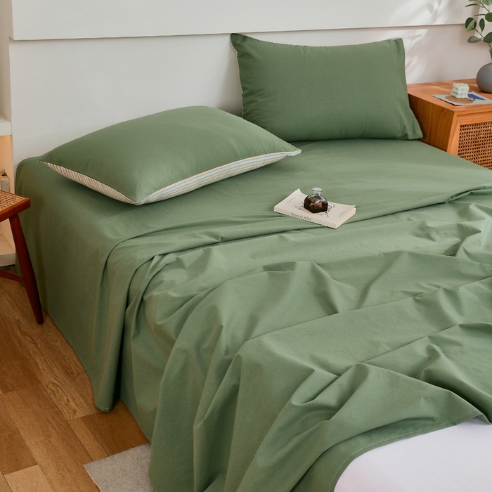 91家纺网 家纺一手货源 找家纺 春皖家纺 2026新款色织AB版水洗棉三件套四件套单品系列（单床单-B版风格一） 素雅军绿