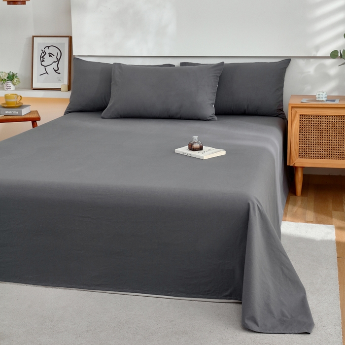 91家纺网 家纺一手货源 找家纺 春皖家纺 2026新款色织AB版水洗棉三件套四件套单品系列（单床单-B版风格一） 素雅墨灰