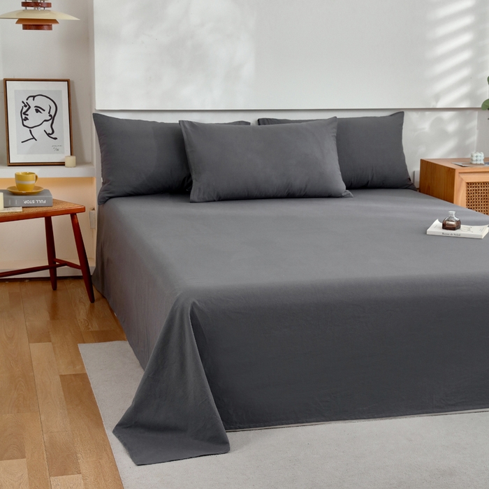 91家纺网 家纺一手货源 找家纺 春皖家纺 2026新款色织AB版水洗棉三件套四件套单品系列（单床单-B版风格一） 素雅墨灰