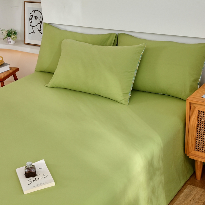 91家纺网 家纺一手货源 找家纺 春皖家纺 2026新款色织AB版水洗棉三件套四件套单品系列（单床单-B版风格一） 素雅果绿