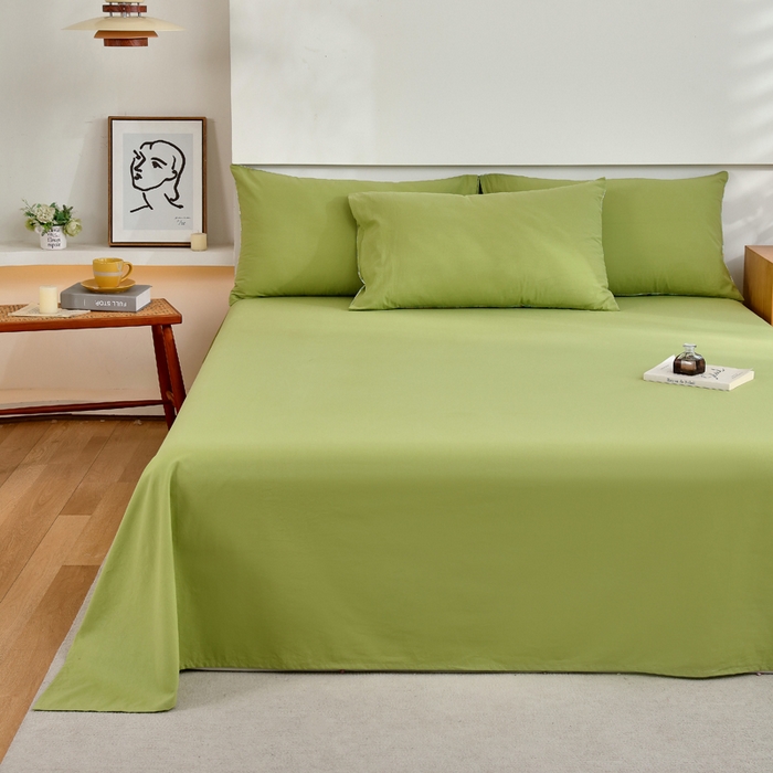 91家纺网 家纺一手货源 找家纺 春皖家纺 2026新款色织AB版水洗棉三件套四件套单品系列（单床单-B版风格一） 素雅果绿