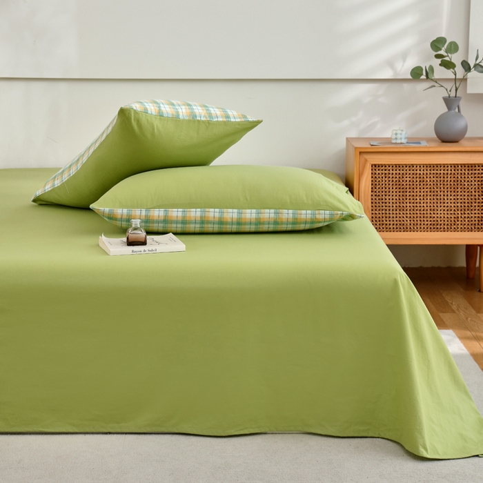 91家纺网 家纺一手货源 找家纺 春皖家纺 2026新款色织AB版水洗棉三件套四件套单品系列（单床单-B版风格一） 素雅果绿