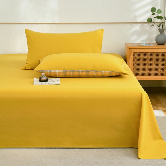 91家纺网 家纺一手货源 找家纺 春皖家纺 2026新款色织AB版水洗棉三件套四件套单品系列（单床单-B版风格一） 素雅深黄