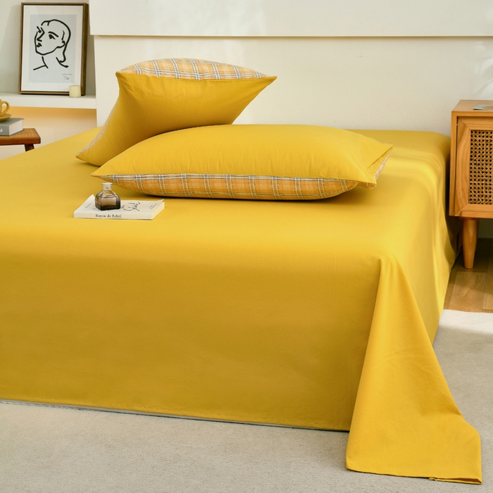 91家纺网 家纺一手货源 找家纺 春皖家纺 2026新款色织AB版水洗棉三件套四件套单品系列（单床单-B版风格一） 素雅深黄