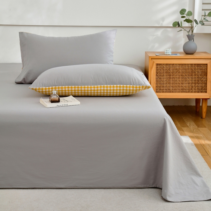 91家纺网 家纺一手货源 找家纺 春皖家纺 2026新款色织AB版水洗棉三件套四件套单品系列（单床单-B版风格一） 素雅浅灰