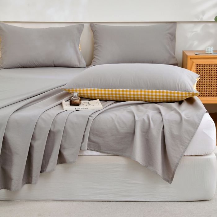 91家纺网 家纺一手货源 找家纺 春皖家纺 2026新款色织AB版水洗棉三件套四件套单品系列（单床单-B版风格一） 素雅浅灰