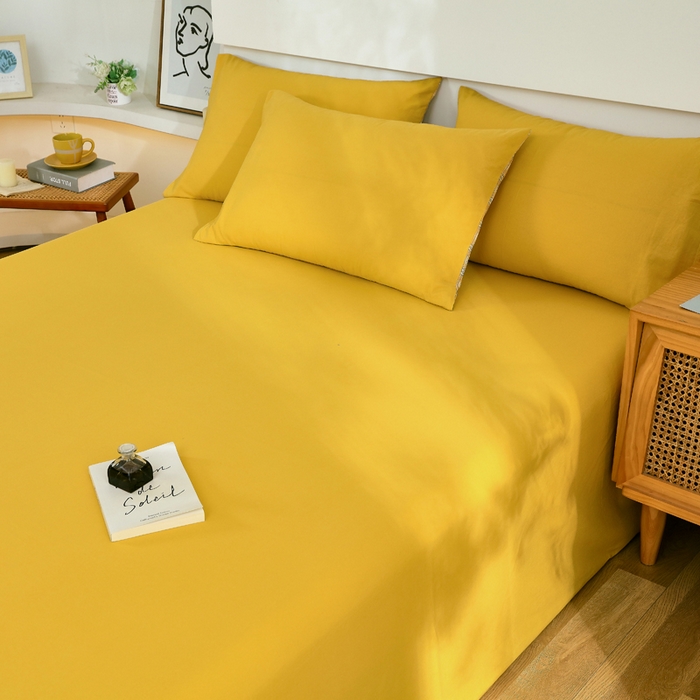 91家纺网 家纺一手货源 找家纺 春皖家纺 2026新款色织AB版水洗棉三件套四件套单品系列（单床单-B版风格一） 素雅深黄