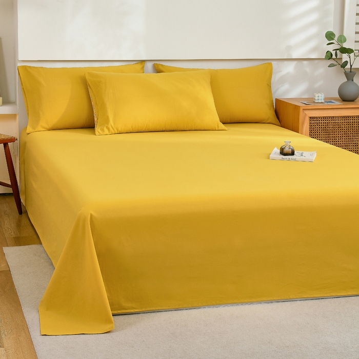 91家纺网 家纺一手货源 找家纺 春皖家纺 2026新款色织AB版水洗棉三件套四件套单品系列（单床单-B版风格一） 素雅深黄