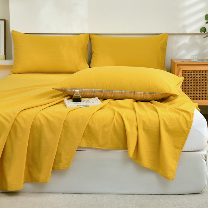 91家纺网 家纺一手货源 找家纺 春皖家纺 2026新款色织AB版水洗棉三件套四件套单品系列（单床单-B版风格一） 素雅深黄