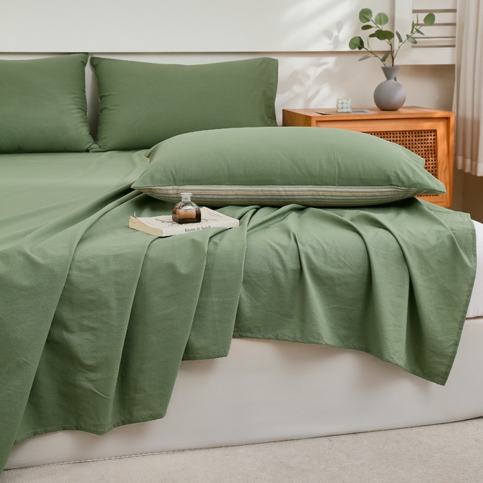 91家纺网 家纺一手货源 找家纺 春皖家纺 2026新款色织AB版水洗棉三件套四件套单品系列（单床单-B版风格一） 素雅军绿